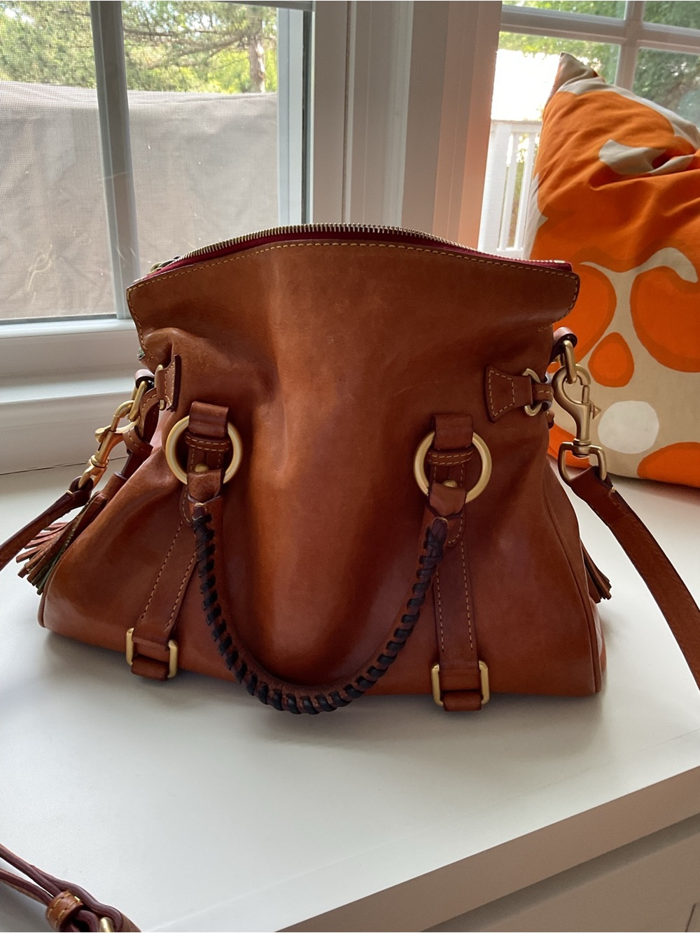 Dooney & Bourke Chestnut Brown Leather Satchel with Tassels - Picture 6 of 9